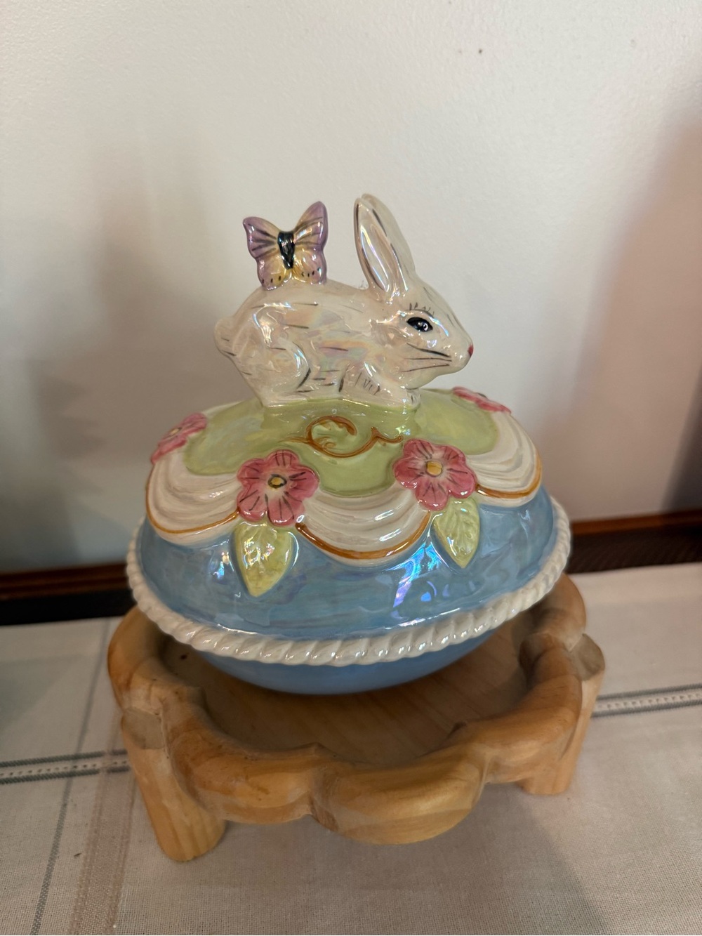 Iridescent Ceramic Bunny Trinket Box in Pastel Blue and Cream